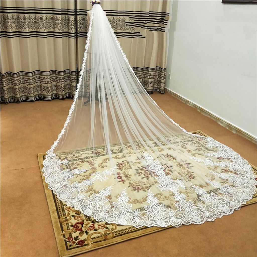 Elegant One Layer Cathedral Length Wedding Veils Lace Edge Bridal Veils with Comb Appliqued Marriage Accessories