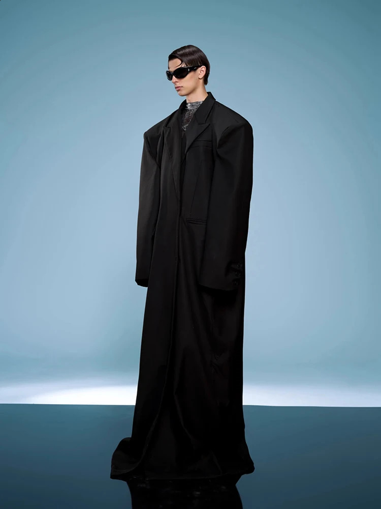 Mauroicardi Spring Autumn Cool Long Oversized Black Trench Coats Man Shoulder Pads Clothes Overcoat 2025 250804