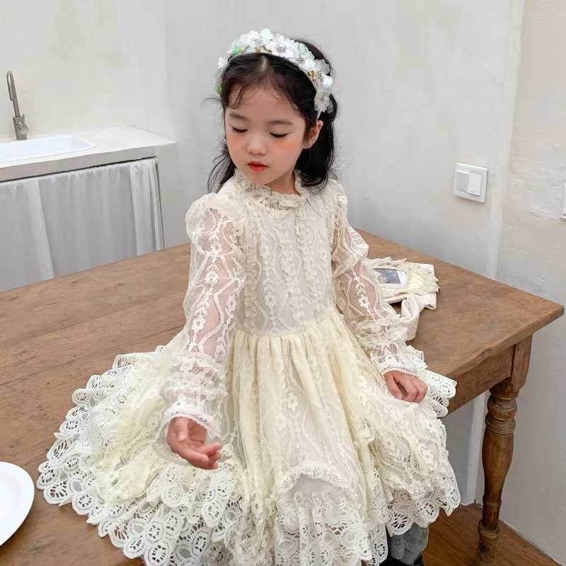 Korean Autumn Children Girl Princess Dress Lace Long Sleeve Kid Baby Girls Dress Hollow Sleeve Round Collar Toddler Girls Dress W250811