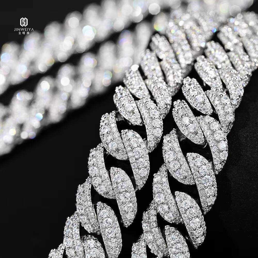 Best Price 14mm-18mm Two Rows Moon Shape Ice Out Cuban Chain S925 Silver VVS Moissanite Chain Men Rapper Hip-hop Necklace
