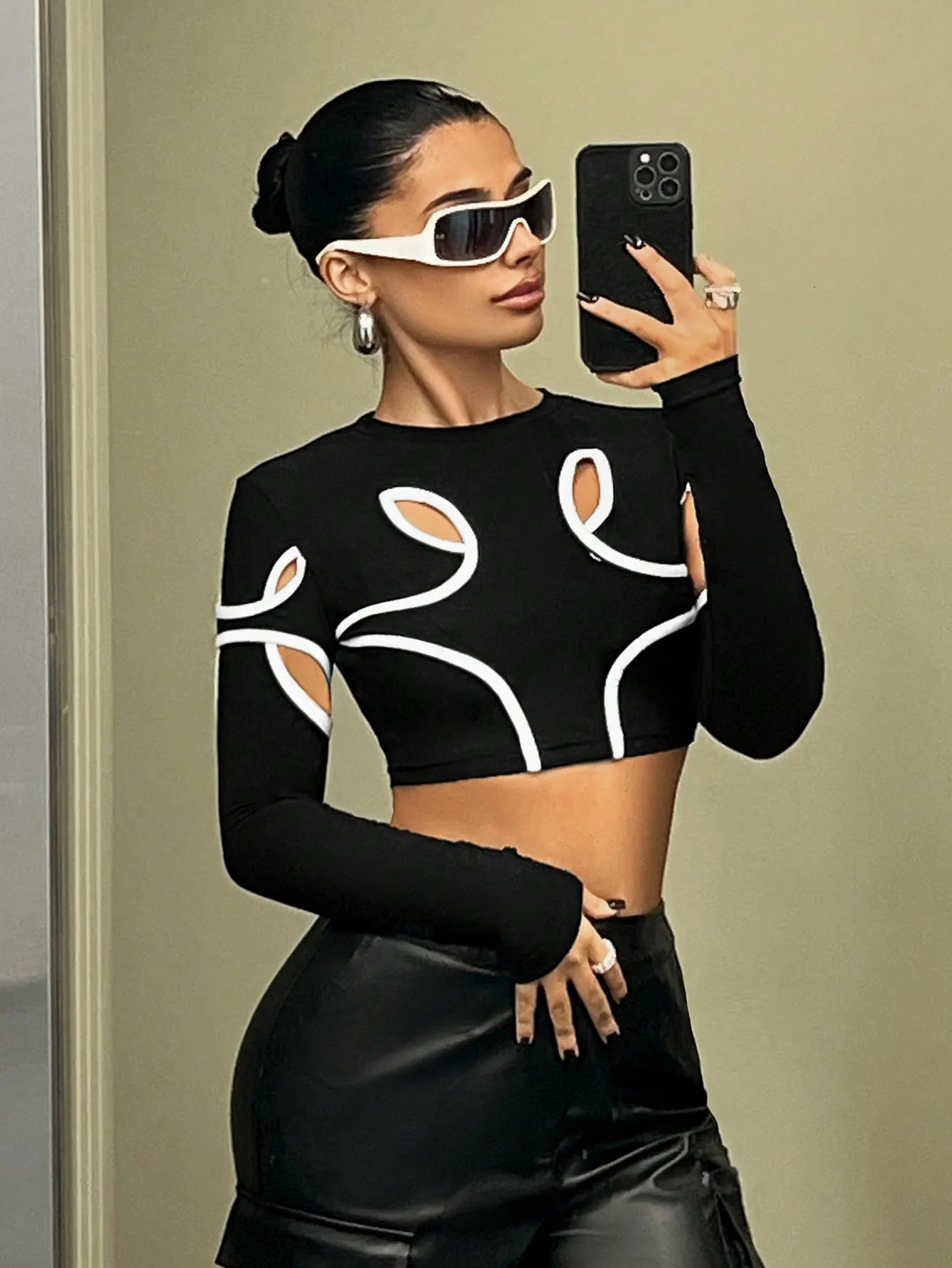 Spring and summer fashion short long sleeve top slim senior sense round neck spice girl style n lady 250811