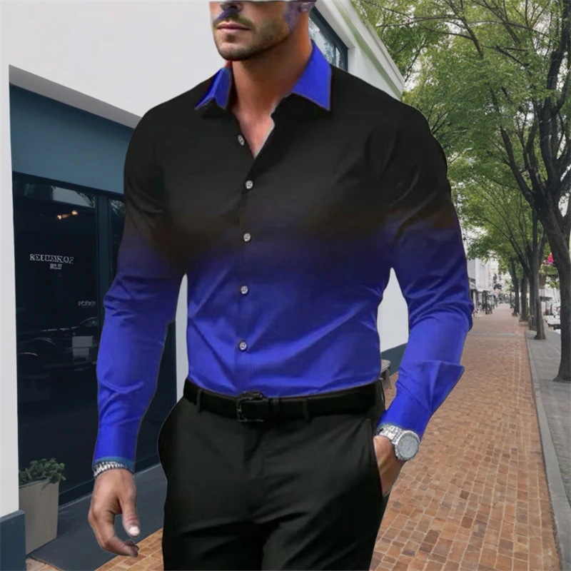 Mens Long Sleeve Men's long shirt with gradient color digital print casual slim lapel long-sleeved shirt thin men's shirt European code: S-3