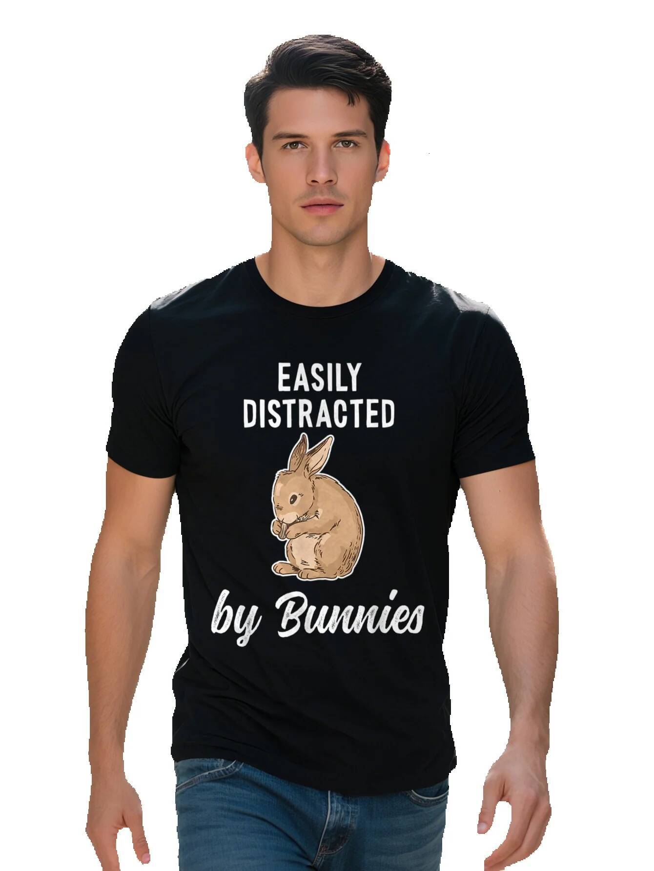 Funny Happy Bunny T Men and Women Cotton Breathable Short Sleeve Shirt Easily Distracted by Bunnies f1b28