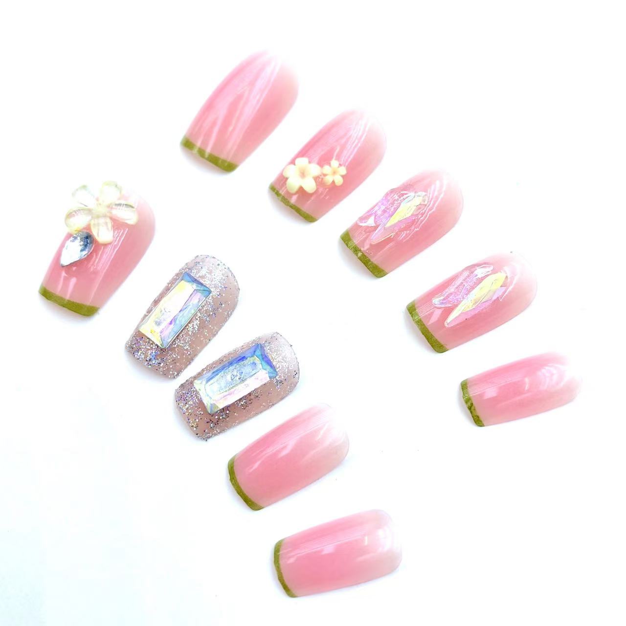 Fake nails Pink Short Round nails press on with Flower & Rhinestone Glitter Design Full Cover Handmade press on nails