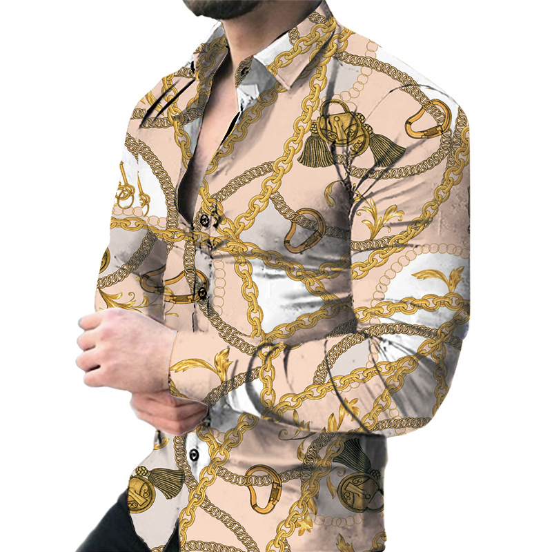 Men's long-sleeved shirt fashion T-shirt 3D printed casual slimming lapel long-sleeved shirt men's thin foreign trade youth shirt European c