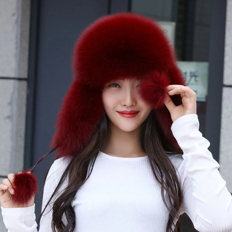 Russian Winter Hat 100% Fox Fur Hats Womens Ushanka Trapper Snow Skiing Hat Caps Earflap Raccoon Fur Bomber Hat 250724