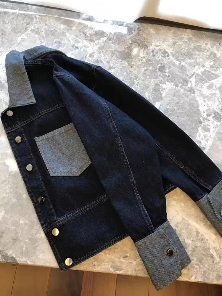 Retro Contrasting Color Laple Denim Jacket for Women Autumn Loose Single-breasted Coats Casual Versatile Short Top 250811