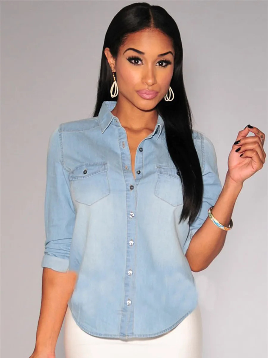 Retro Blue Denim Shirts Women Long Sleeve Stand-Up Collar Single-Breasted Blouse For Women Autumn Spring Slim Denim Coat Tops 250811