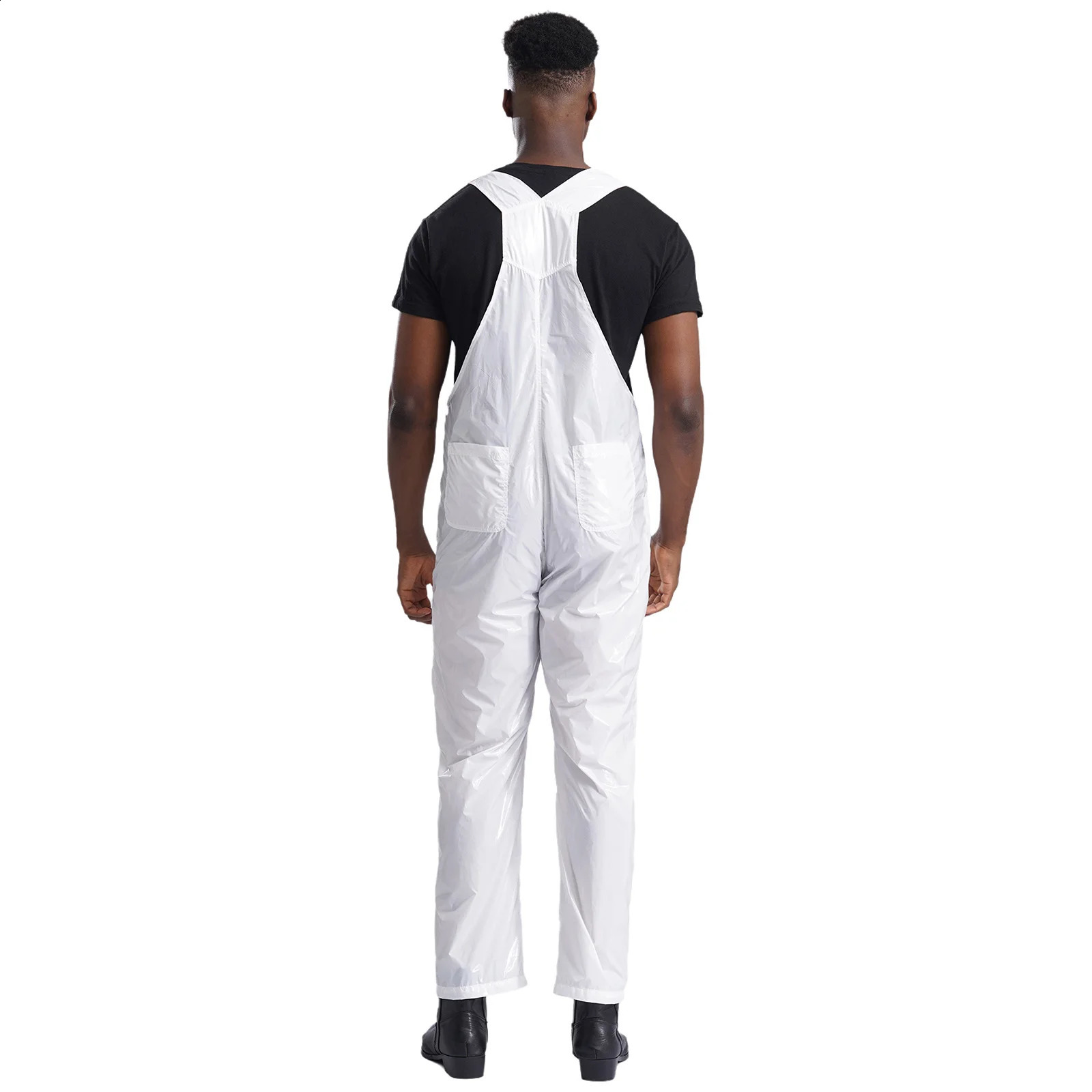 Mens Glossy Bib Overall Adjustable Wide Straps Dungarees Streetwear Daily Casual Suspender Trousers Jumpsuit with Pockets 250729