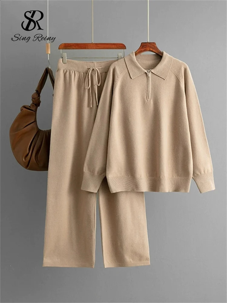 SINGREINY Winter Casual Sweater Suits Polo Collar Zipper TopsDrawstring Wide Leg Long Pant Female Solid Knitting Warm Sets 250806