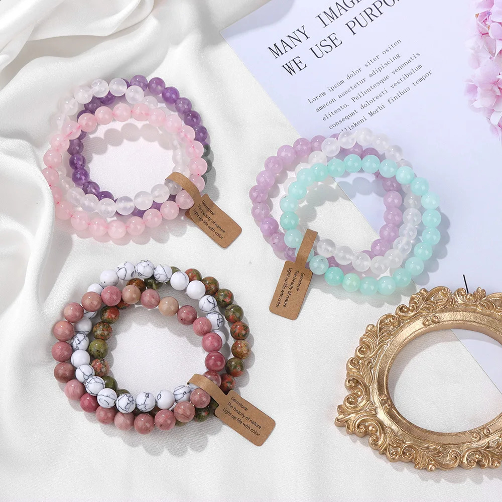 Mixed Color Cat Eye Beads Energy Bracelets 3Pcs/Set 8mm Natural Stone Rose Quartzs Aventurine Bracelet Men Yoga Jewelry 250805