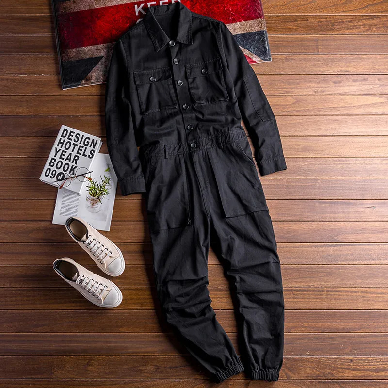 Spring Overalls Mens Jumpsuit Loose Long Sleeve Cotton Cargo Pants Black Yellow Workwear Trousers Working Uniform Rompers 250729