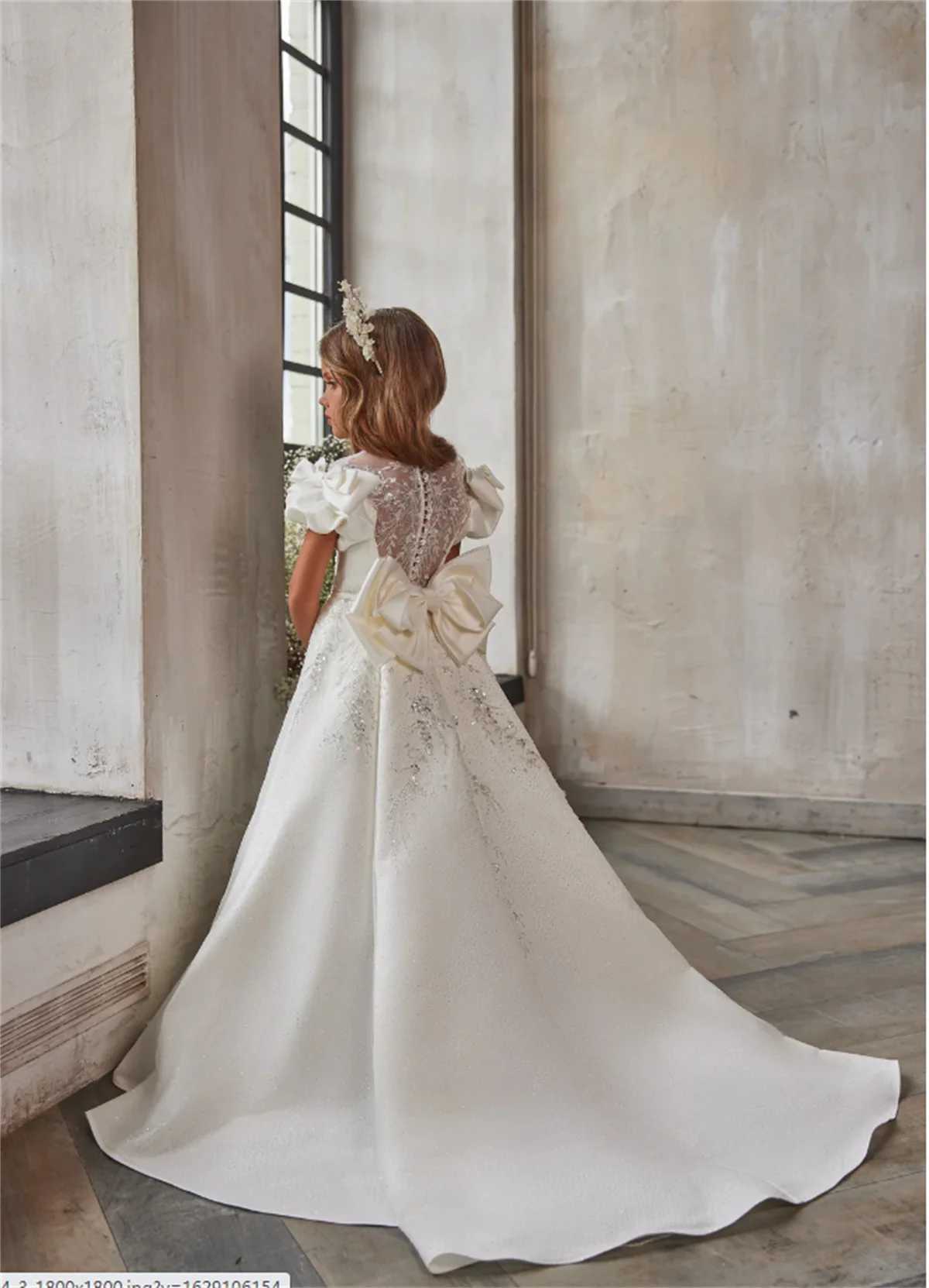 100% Cotton White Lace Applique Flower Girl Dress for Wedding Neck Toddler Puffy Princess Evening Party First Communion Ball Gown W250811