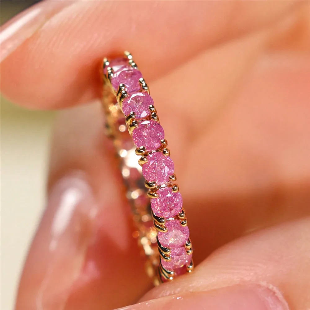 Cute Female Crystal Pink Stone Engagement Ring Vintage Gold Color Wedding Jewelry For Women 250807