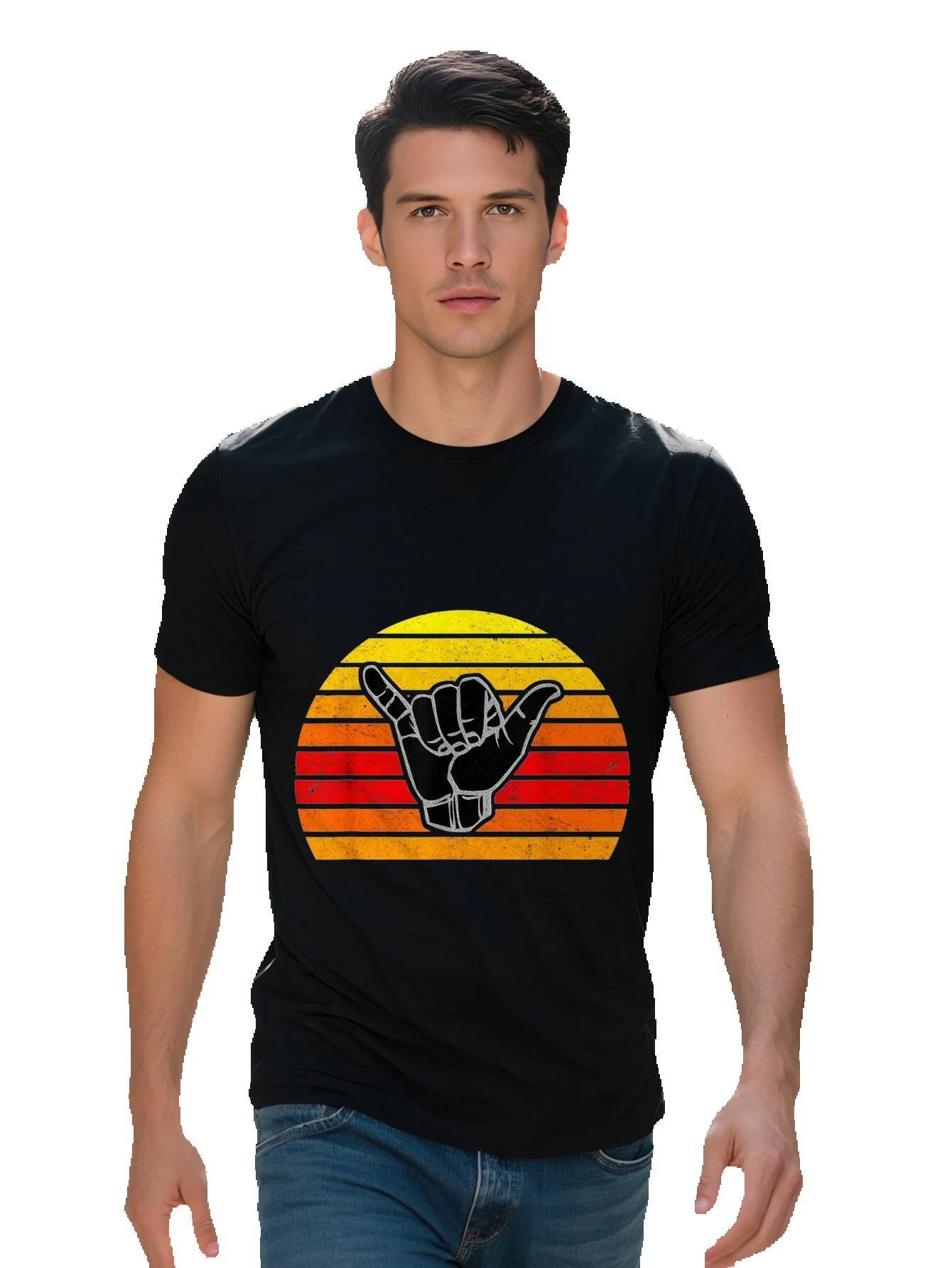 Men s g Cotton Vintage T Shirt Retro Shaka Surf Sign Graphic Black with Yellow Red Gradient Stripes Regular a732a