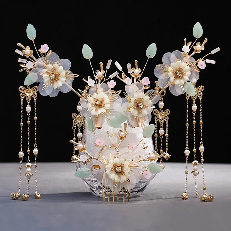 Chinese Long Hair Stick tiara Headpiece Women Accessories Flower Crystal Pearl Pins Handmade Hanfu Jewelry Set 250804