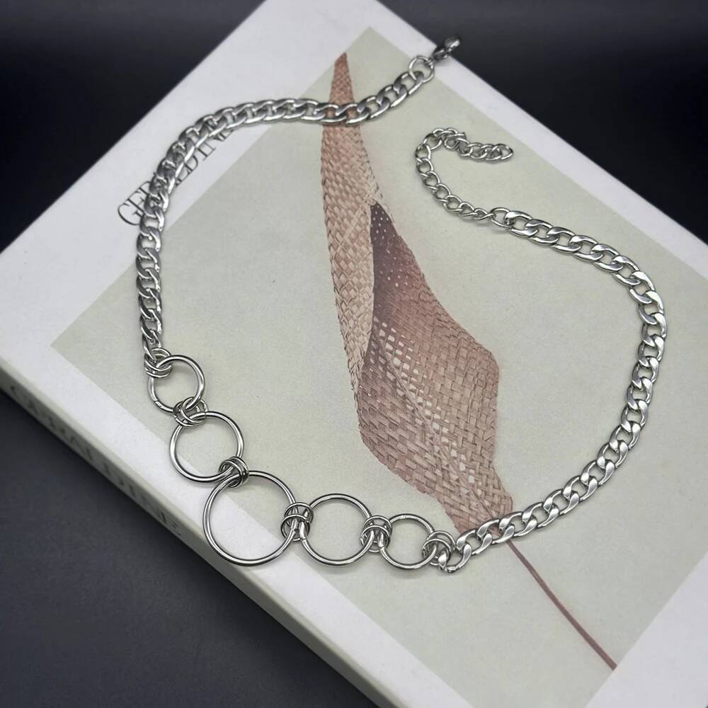 Goth Stainless Steel Curb Chain Circle Choker Necklace for Women Grunge Alternative Collar Adjustable Length