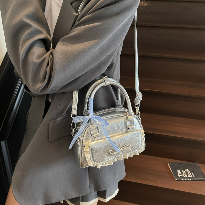 Korean Style Fashion Bowknot Handheld Boston Simple Niche Versatile Small Square Lace Trim Bowling Bag ddmymoon