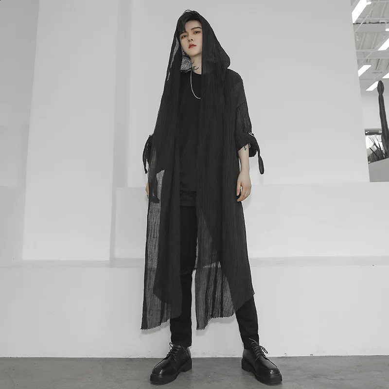 High Quality Mens Trench Unisex Casual Open Stitch Hooded Long Cloak Cape Coat Hip Hop Men Solid Loose Trenchcoat 250804