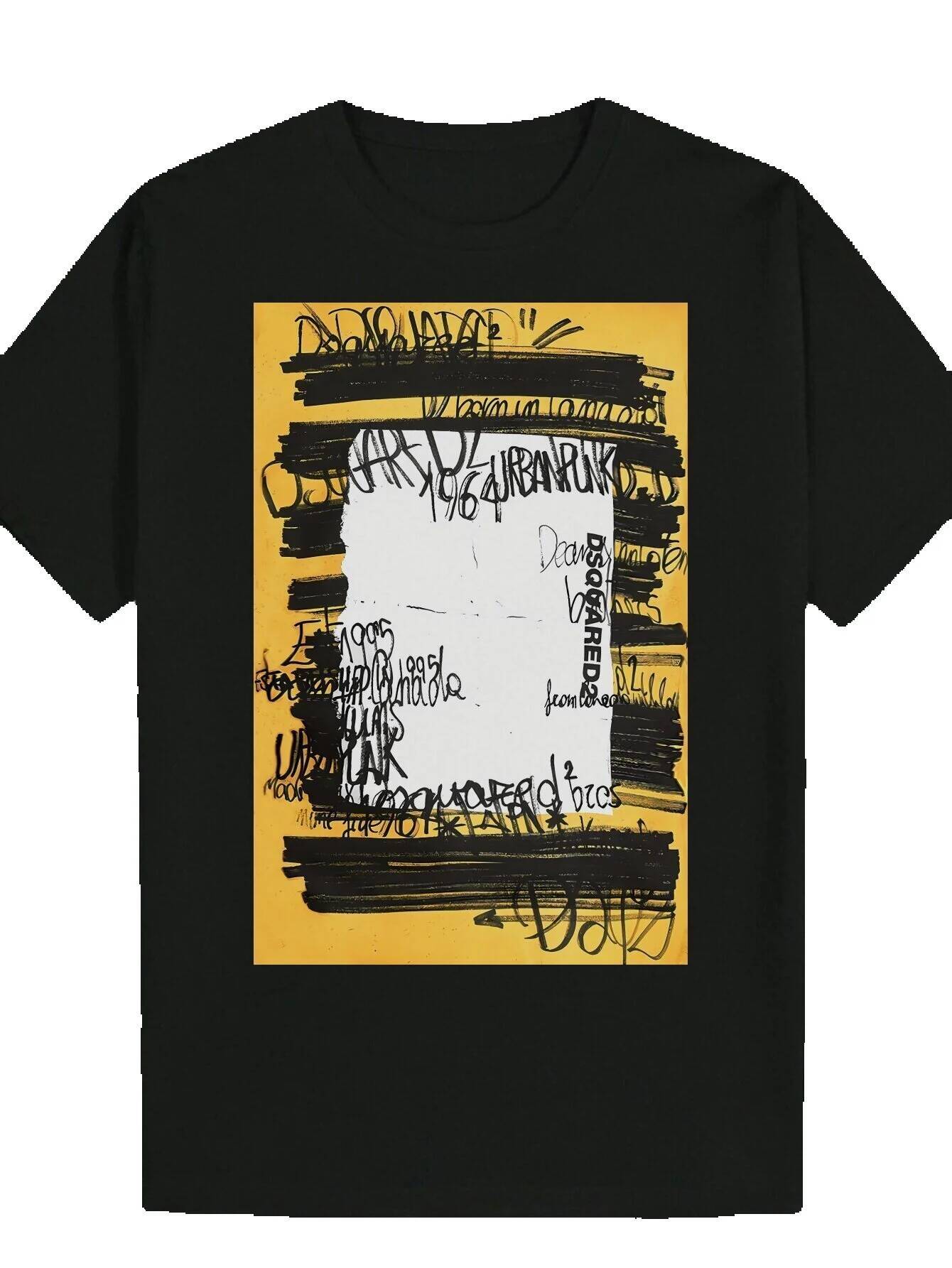 Men's T-Shirt - Black with Yellow Brush Print, 100% Lightweight 180gsm, Crew Neck Regular Fit, Machine Washable, Summer Casual Wear Bold Pattern 
