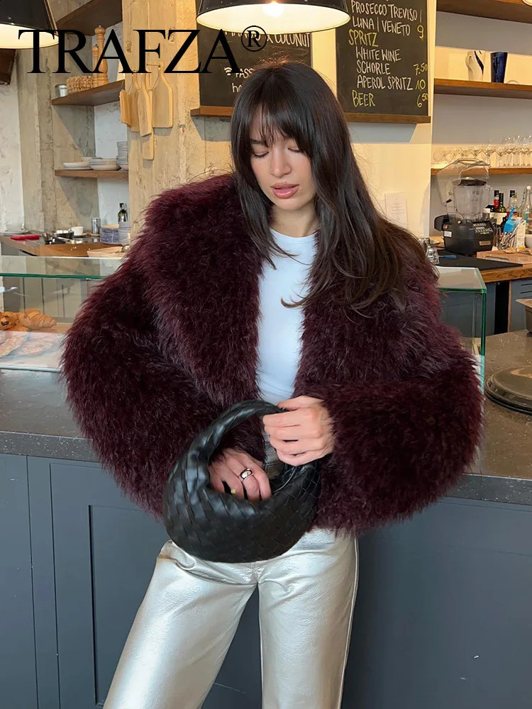 TRAFZA Winter Women Casual Faux Fur Lapel Jackets Fashion Solid Oversized Thick Coats Female Fuzzy Warm Long Sleeves Outerwear 250806