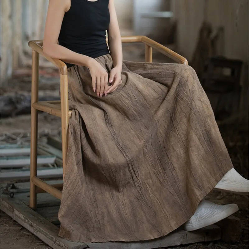 Johnature Women Ramie Tie-dye Skirts Elastic Waist Pockets Vintage Autumn Clothes 2025 Women A-Line Skirts 250811