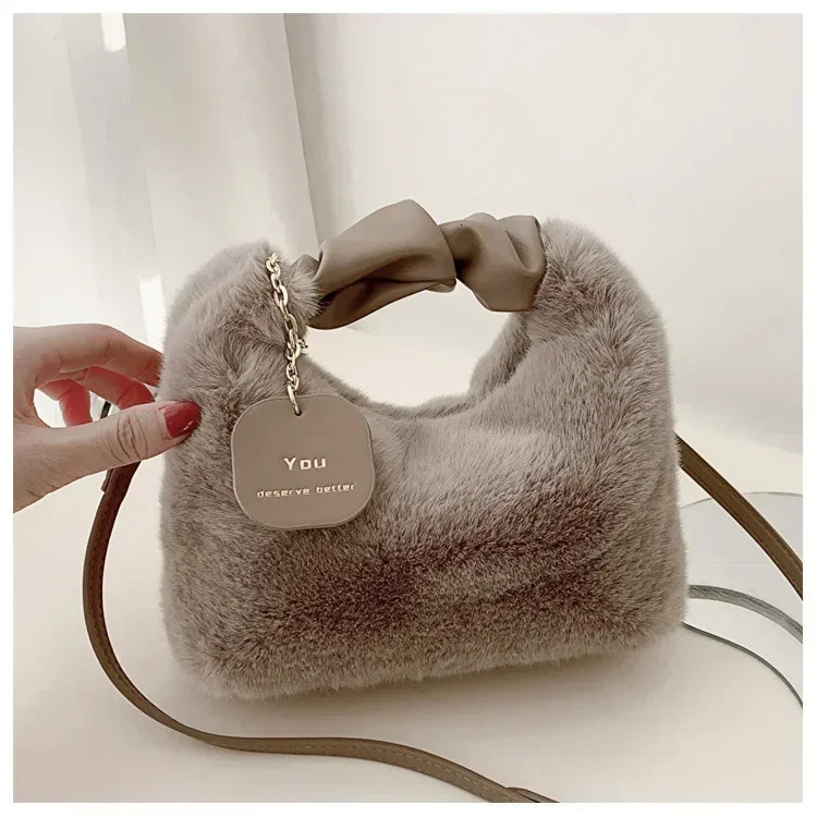 Women Faux Fur Plush Handbags Ruched Handle Small Lady Shoulder Crossbody Bag Casual Tote HalfMoon Hobos Winter Bags for w250811