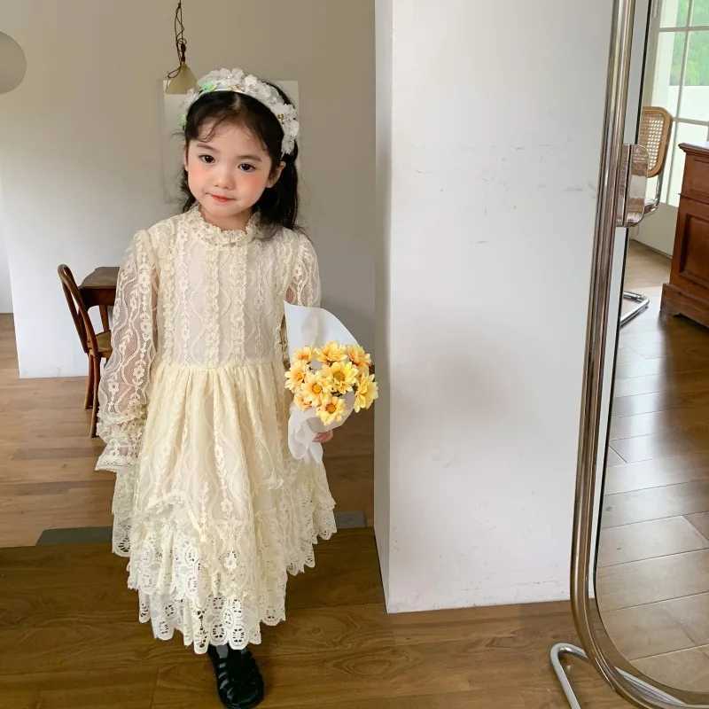 Korean Autumn Children Girl Princess Dress Lace Long Sleeve Kid Baby Girls Dress Hollow Sleeve Round Collar Toddler Girls Dress W250811