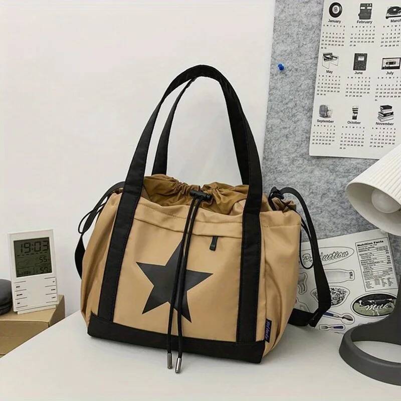 Autumn New Large Capacity Niche Women's Crossbody Bag Star Pattern Drawstring Design Women's Shoulder Bag Casual Style Commuting Bag Autumn 