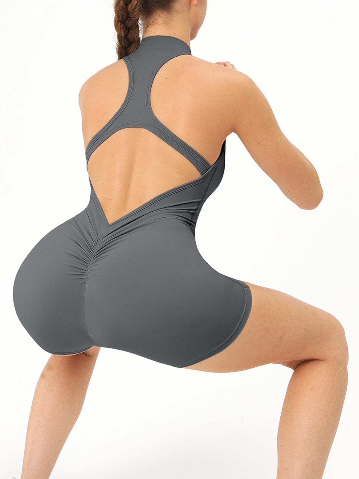 Lady's gray neck-opening zipper one-piece fitness suit