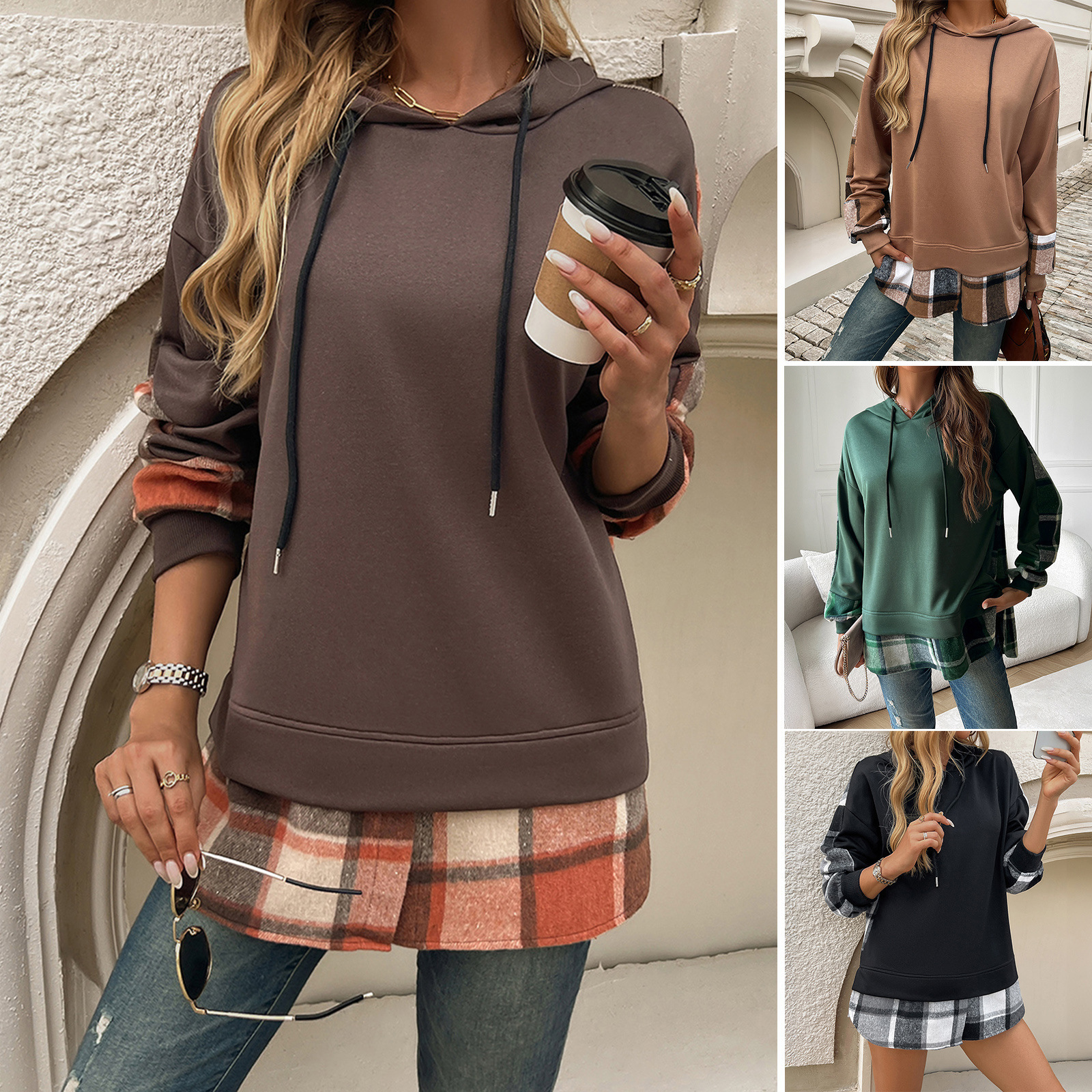 2025 Autumn Winter Color-Block Casual Fake Two-Piece Patchwork Hooded Long Sleeve Sweatshirt for Women