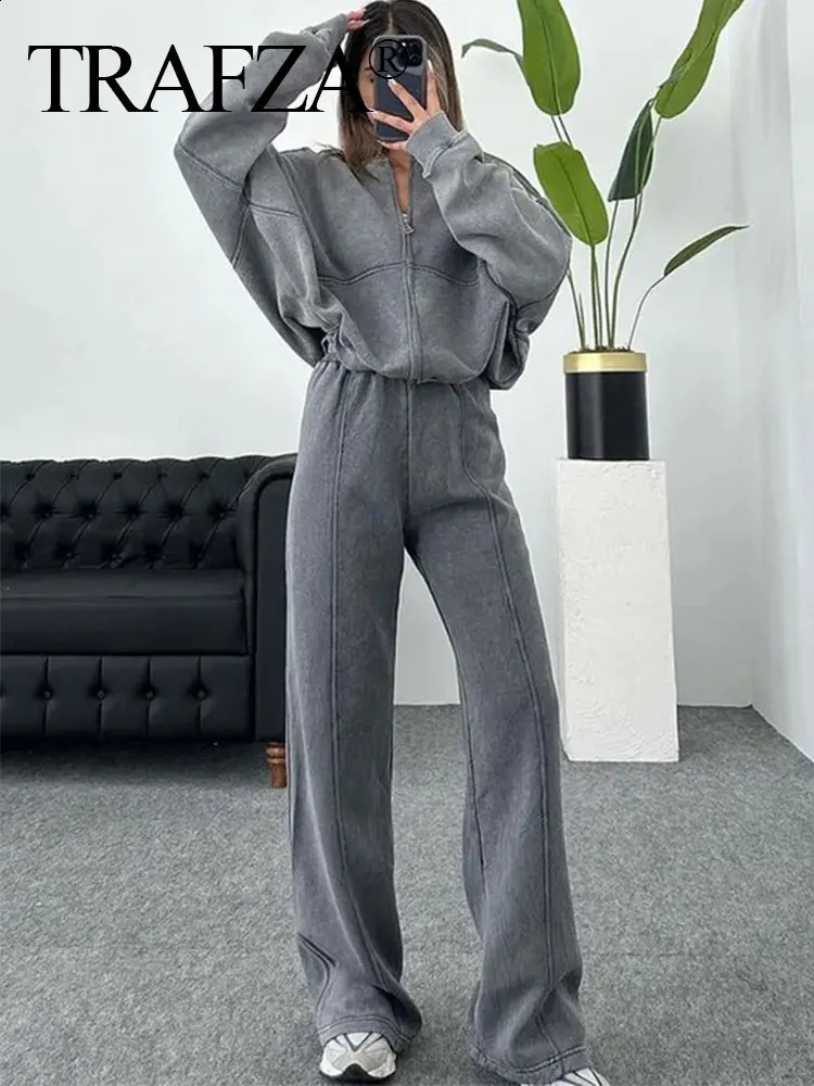 TRAFZA Bomber Jacket Pant Set For Women Casual Long Sleeve Zipper Coat Vintage Solid Sweatshirt Suit Autumn Woman Streetwear 250805