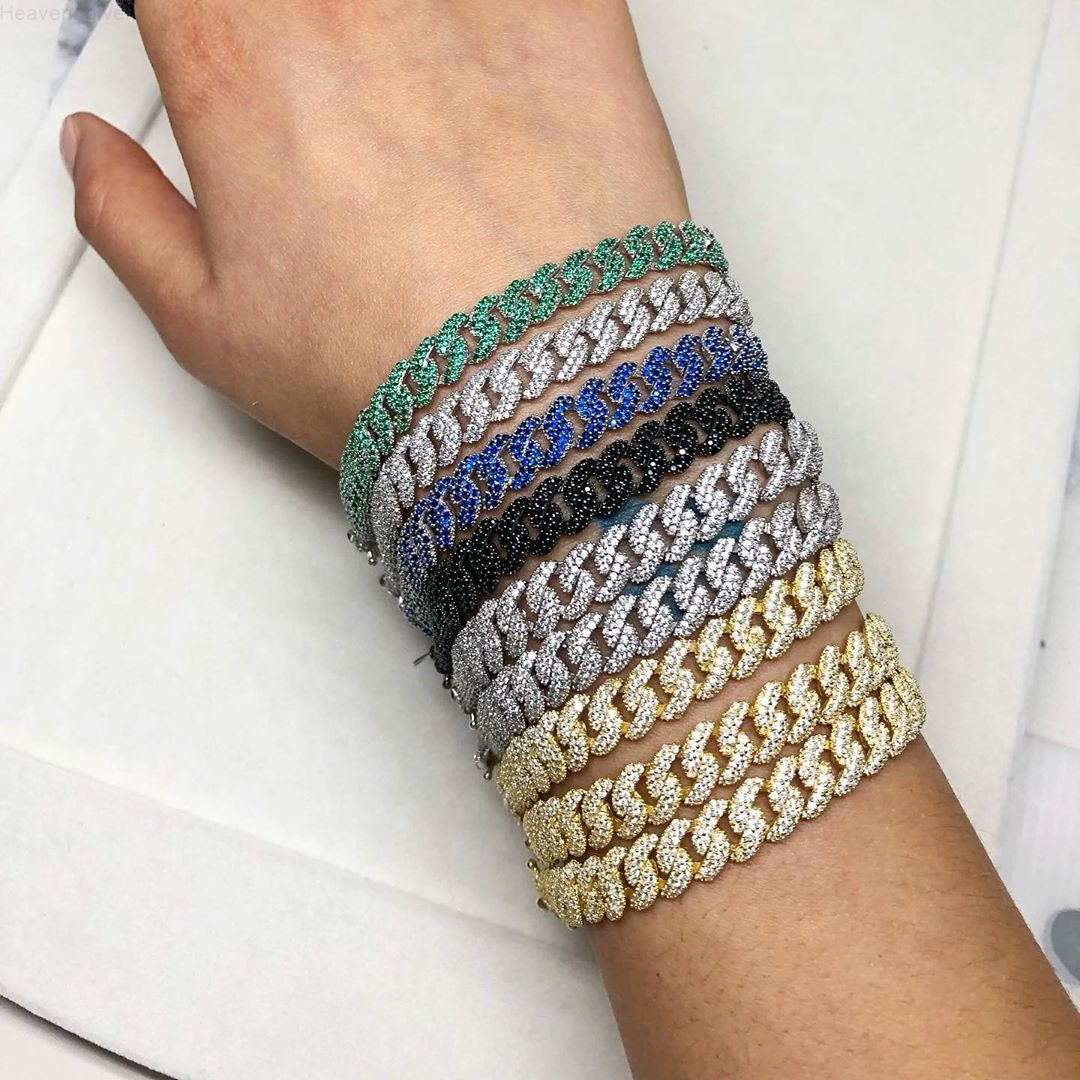 10mm Width Iced Out Bling Cuban Chain Micro Pave 5A Cz Cubic Zirconia Cuban Link Chain Bracelet for Women Men