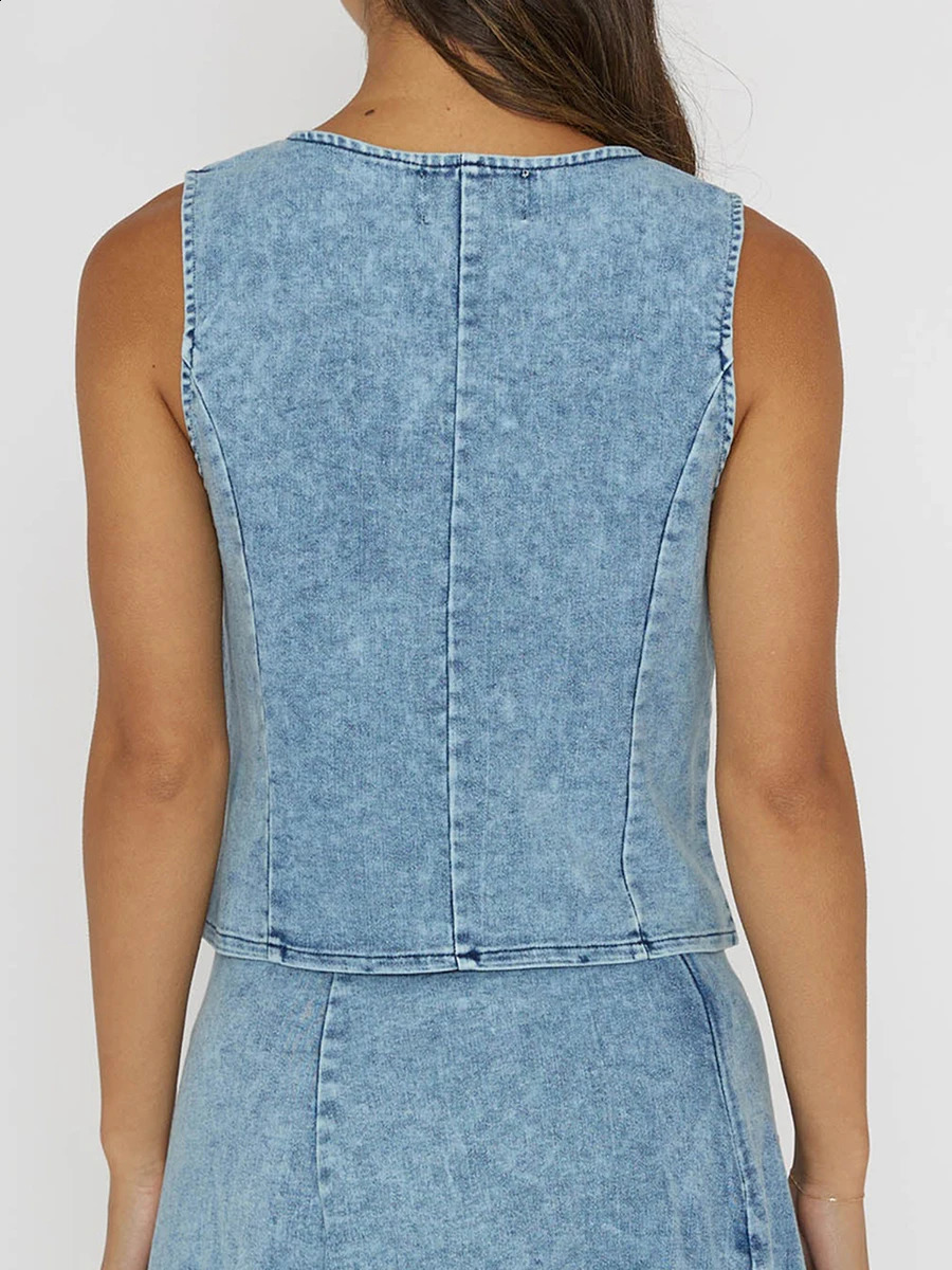2024 Fashion Simple Style Womens Summer Casual Tank Tops Sleeveless V Neck Button Up Denim Vest 250805