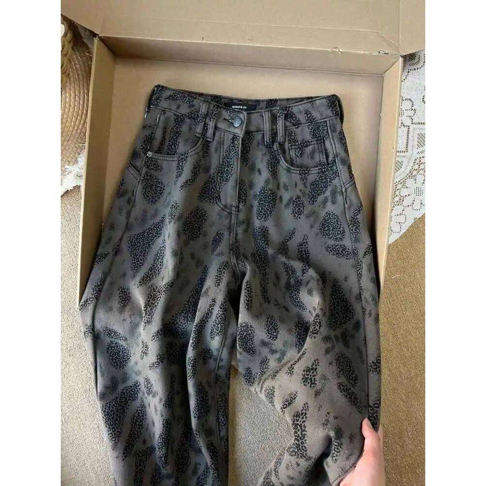 American Retro Leopard Jeans Women Autumn/Winter New High Waist Loose Thick Warm Denim Fashion Niche Straight Pants