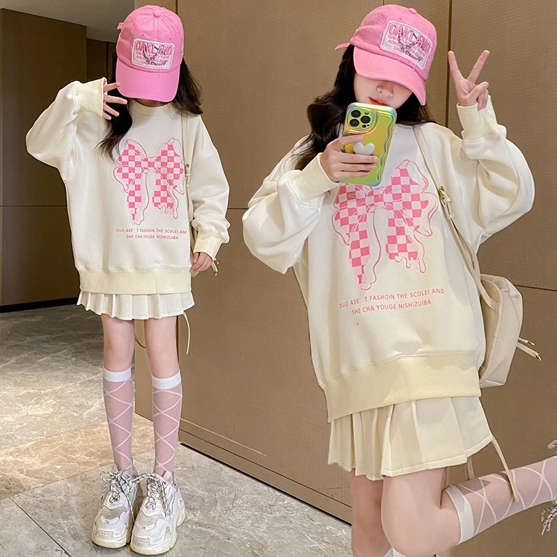 2025 girls autumn white sailor plaid bow sweatshirt hooded top t-shirt skirt teenager children clothes set 4 8 9 10 11 12 year 250811