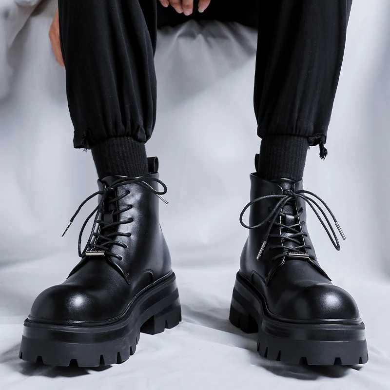 Autumn Men Casual Shoes 7cm Platform Leather Chunky Ankle Boots Outdoor High-top Sneakers Lace-up Comfortable Sport Shoes Size 36-45 W250811