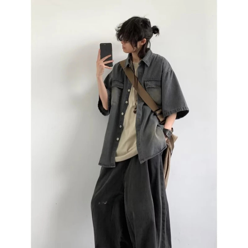 College Retro Mens Two Piece Set Hip Hop Washed Tooling Denim ShirtLetter Printed Sleeveless Top Set Street Harajuku Suit Y2K 250811