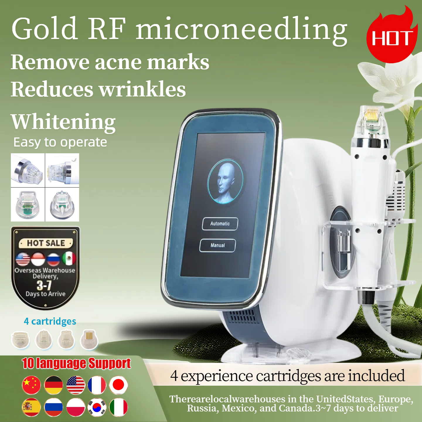 Gold RF Microneedle Beauty Device for Wrinkle Removal Anti Aging Whitening Lightening Spots Acne Marks Removal Reducing Crow's Feet Stretch Marks