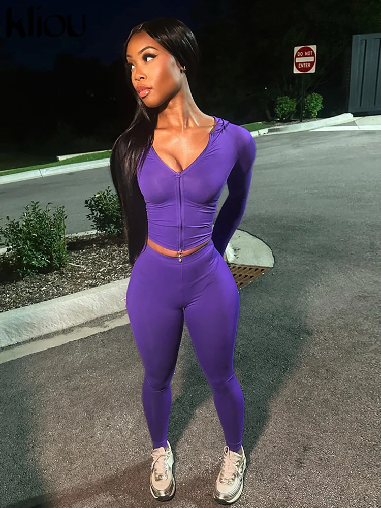 kliou Casual Women 2 Piece Set Classic Tracksuits Solid Long Sleeve Zip-up Hood TopsSlim Elastic Pants Sporty Concise Outfits 250806