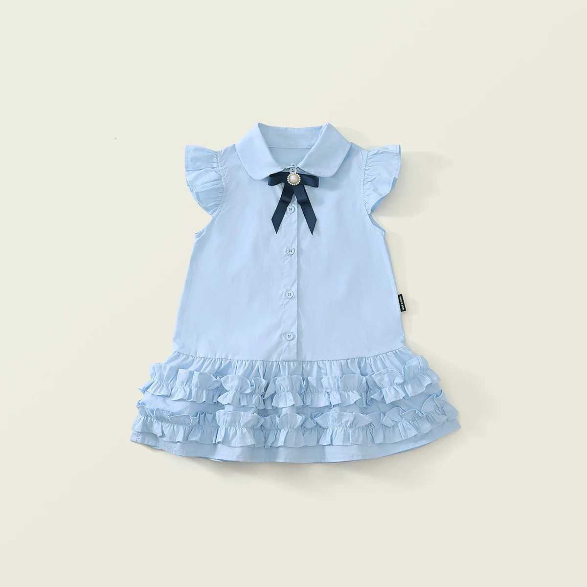 Girls Dress Summer Blue College Style Dresses for Kids 2025 New Baby Girl Bow Childrens Costume Baby Princess Clothing W250811