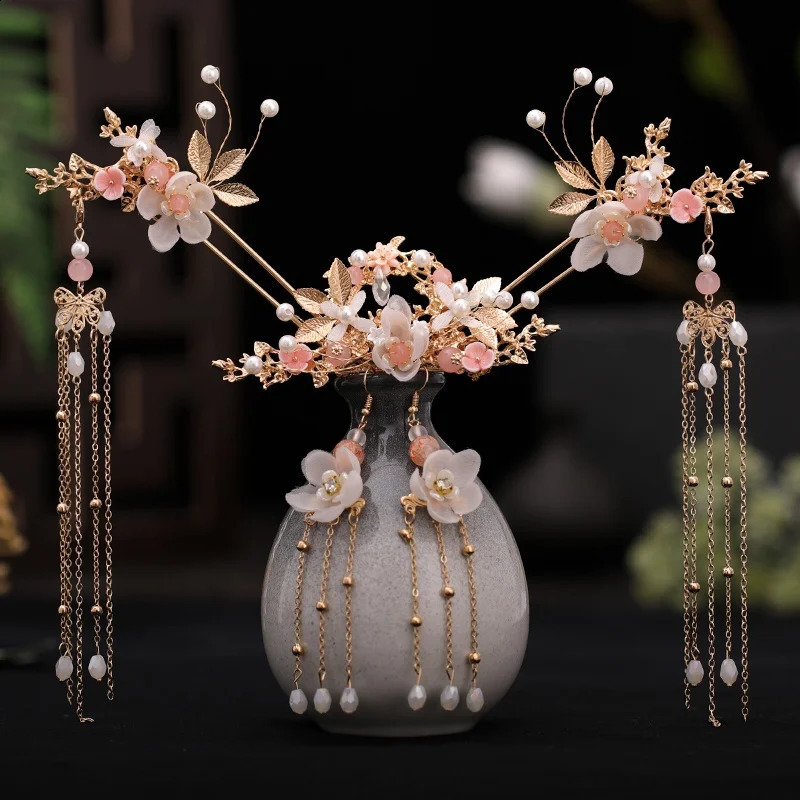 Chinese Long Hair Stick tiara Headpiece Women Accessories Flower Crystal Pearl Pins Handmade Hanfu Jewelry Set 250804