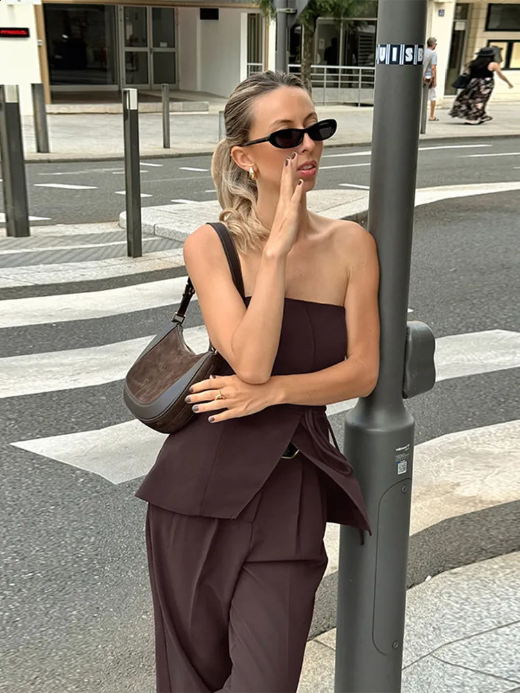 Strapless Vest Trouser Sets Women Sexy Backless Sleeveless Tops Wide Leg Pants Suit Female Summer Front Split Lady Outfits 250806