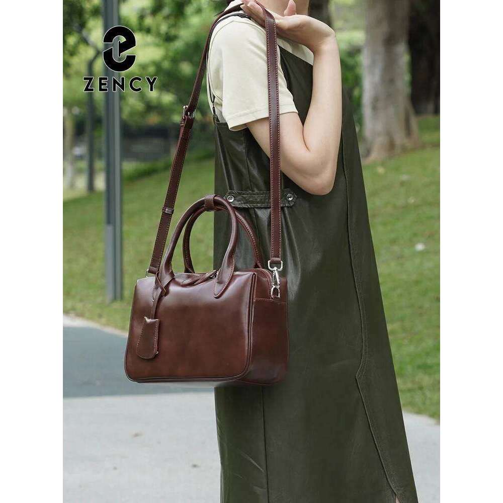 Zency Genuine Leather Vintage Designer Handbag For Women Large Capacity Shoulder 2025 New Boston Bag Oil Wax Top Handle Sac