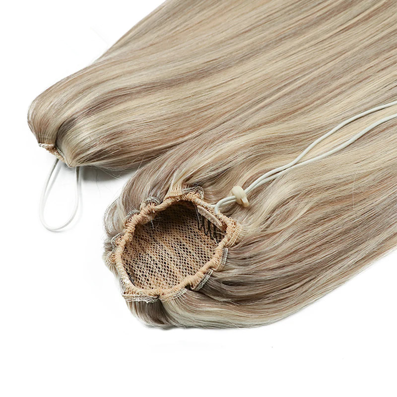 Ombre Blonde Drawstring Ponytail Human Hair Straight Real Natural Hair Extensions Drawstring Closure Fake Hair Tail for Women p27/613 100g 120g