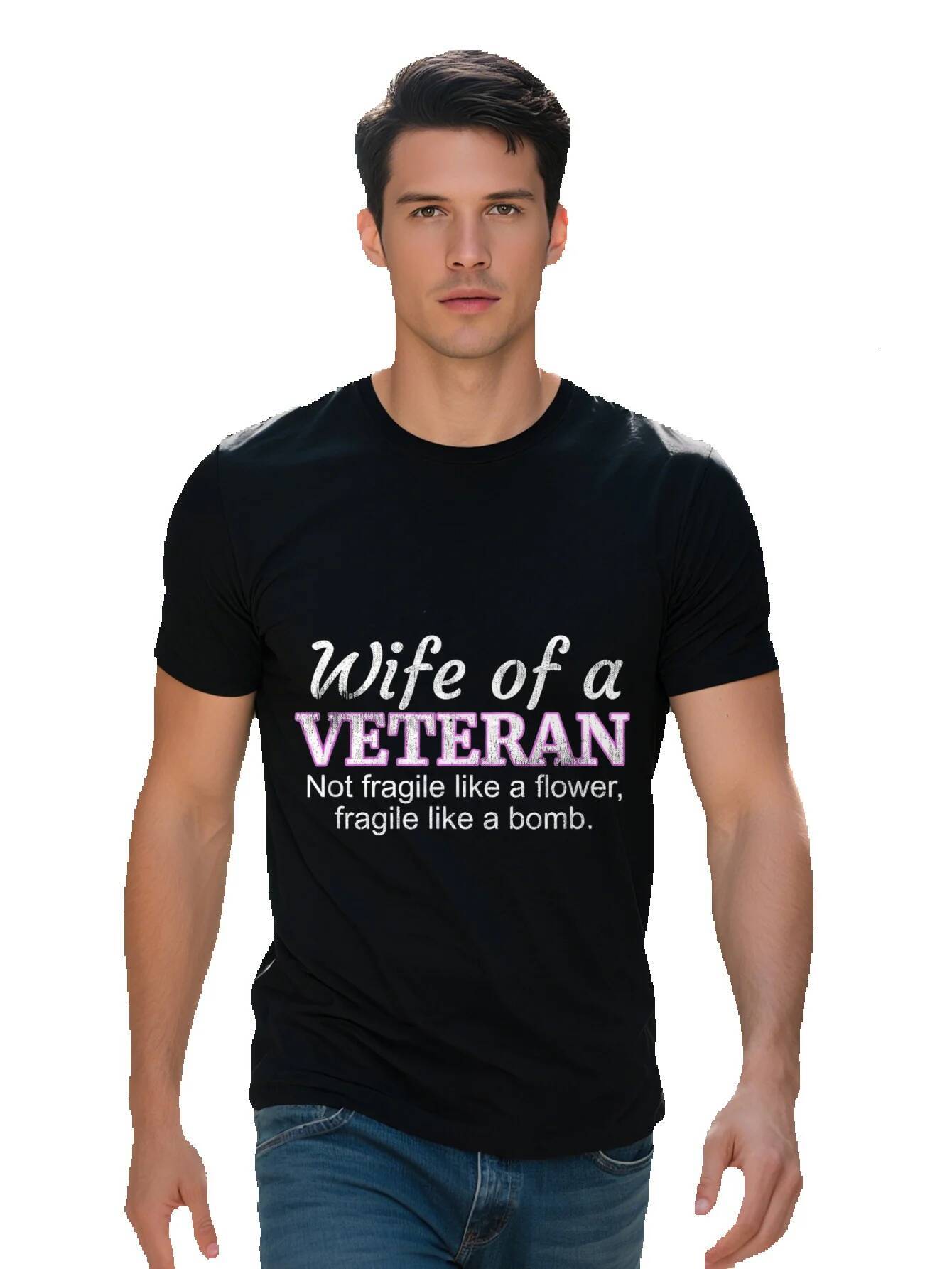 Men's T-shirt Cotton Wife Of A Veteran Military Support Husband Flower T-Shirt 59c95 57b75