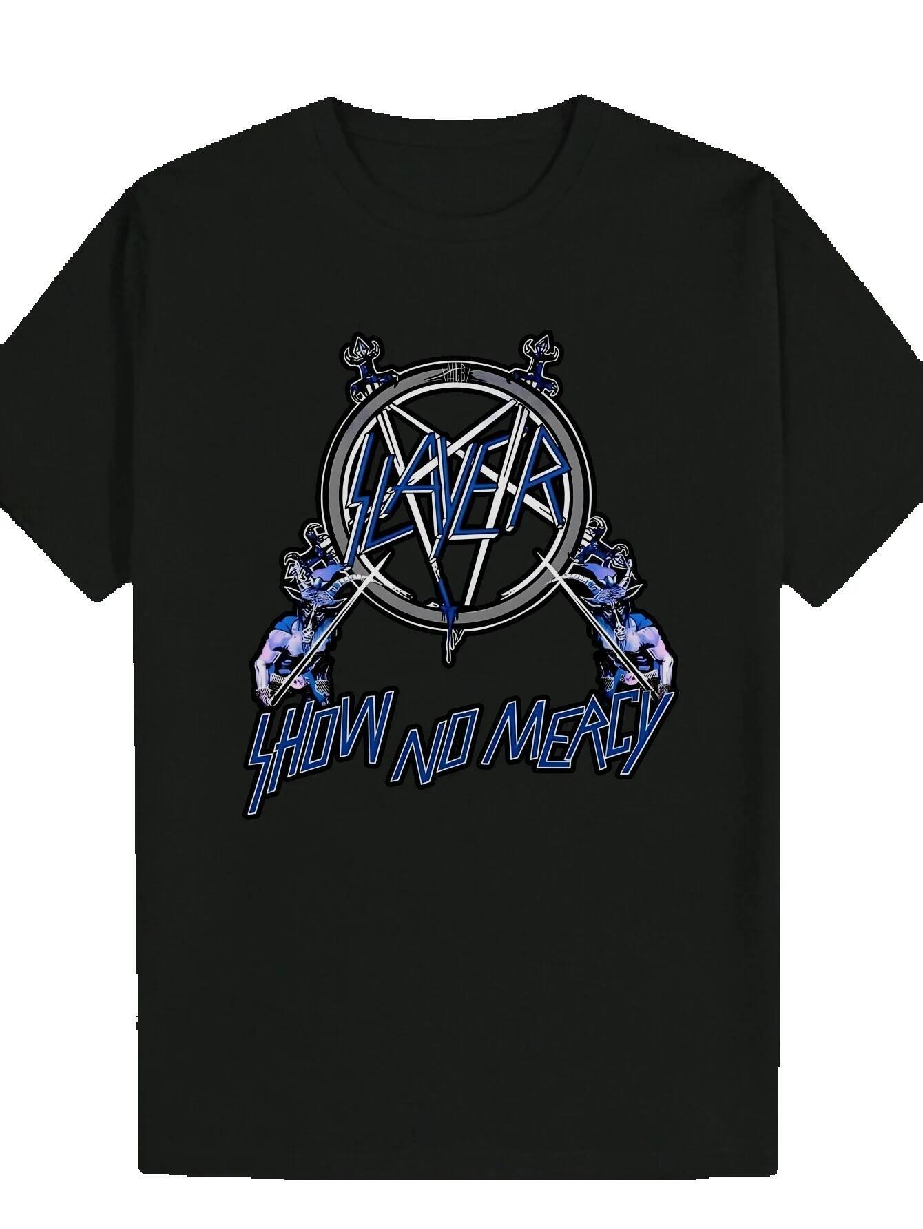 Men's Summer Casual Graphic - Black Crew Neck T-Shirt with Bold 'SHOWNO MERCY' Lettering and Pentagram Design, 100% Polyester, Machine 