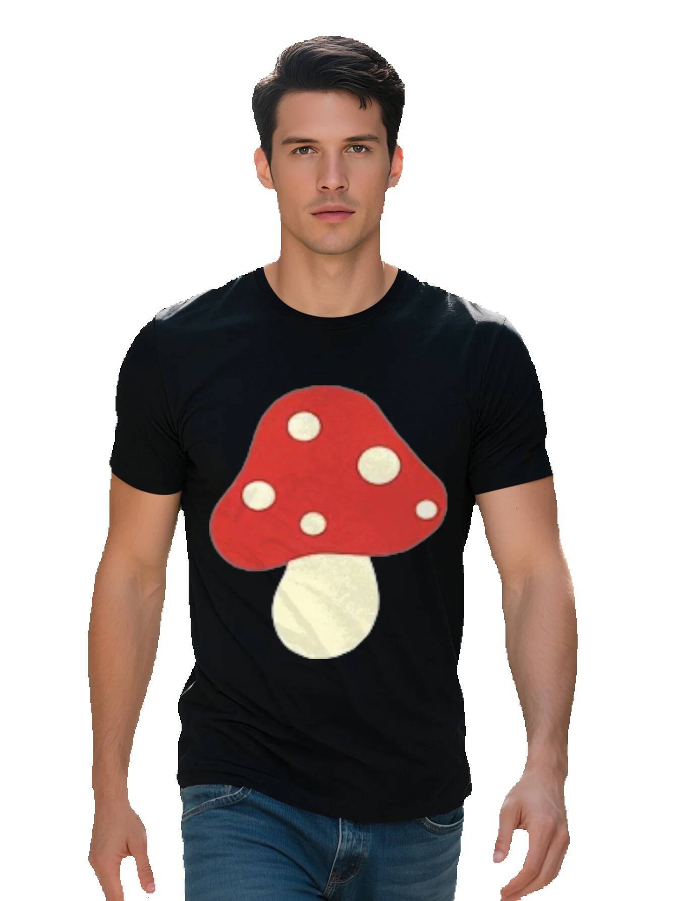 Men s Soft Cotton T Shirt with Cute Red Mushroom Graphic Short Sleeve Black Lightweight Breathable for Casual 76ea4 096e5