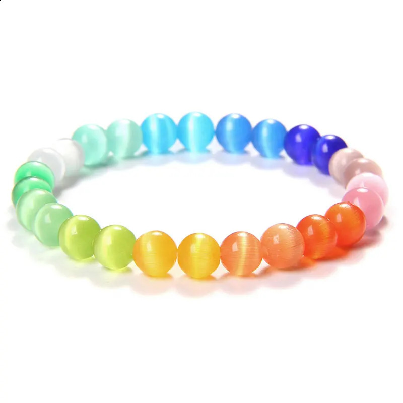 Rainbow 8 mm Cat Eye Stone Beads Bracelets Men Handmade Bracelet For Women Elastic Pulsera Lucky Friendship Party Jewelry Gifts 250805