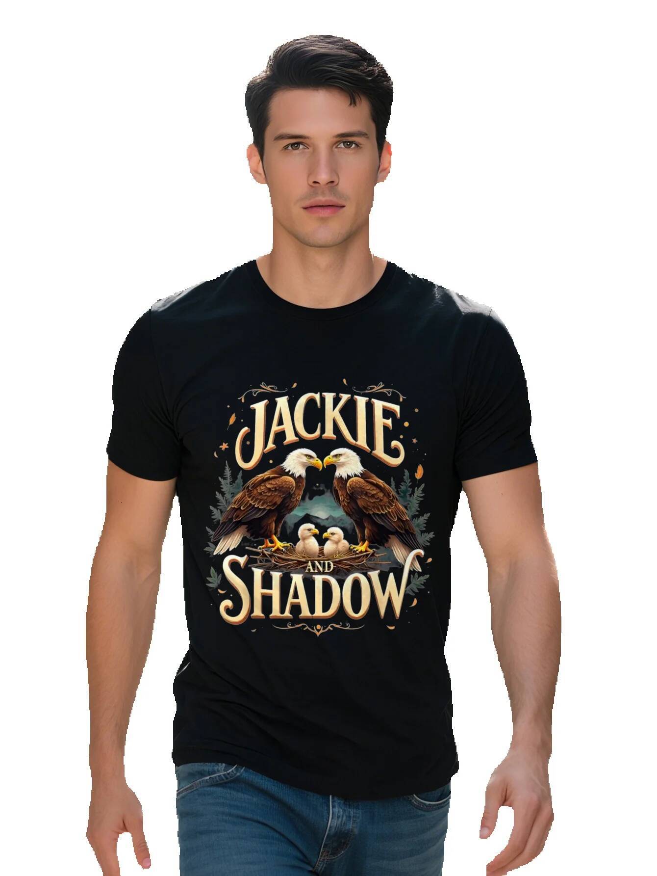 Men s g Cotton T Shirt Vintage Bald Eagle Family Graphic with Jackie Shadow Design Autumn Leaves Full Moon 57dd0 e632f